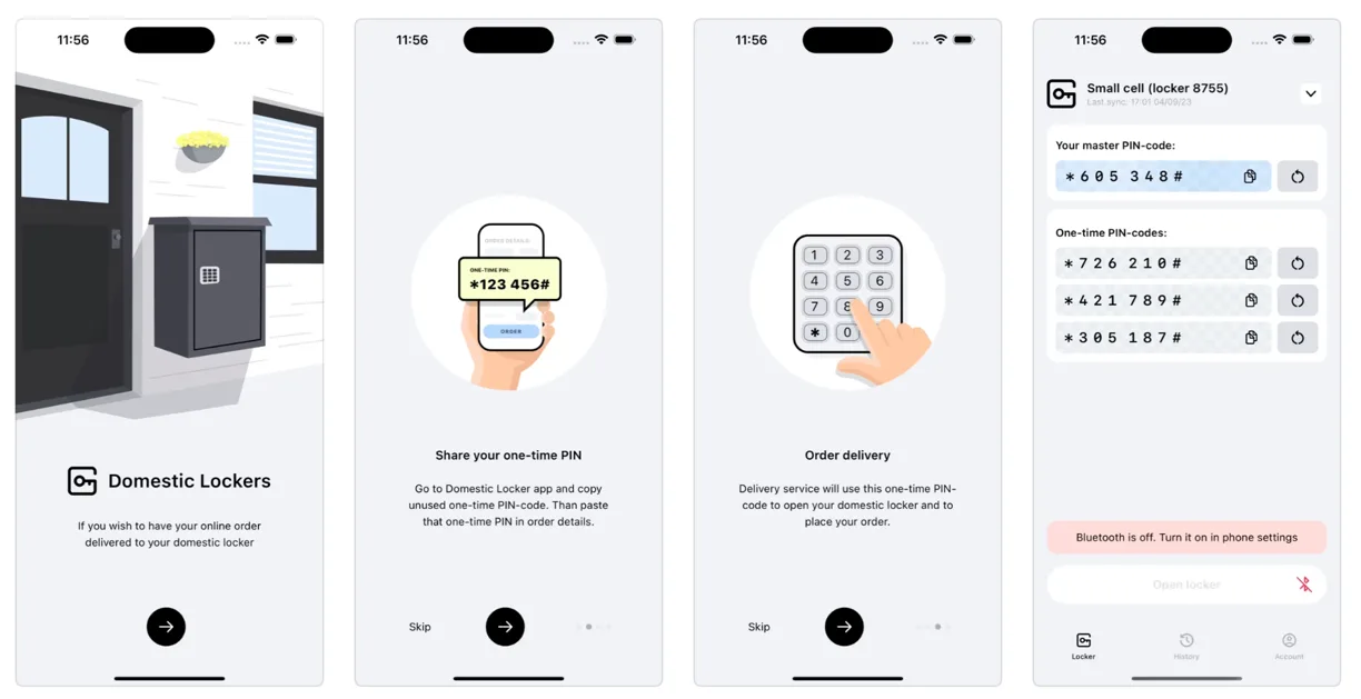 Domestic locker mobile app screens